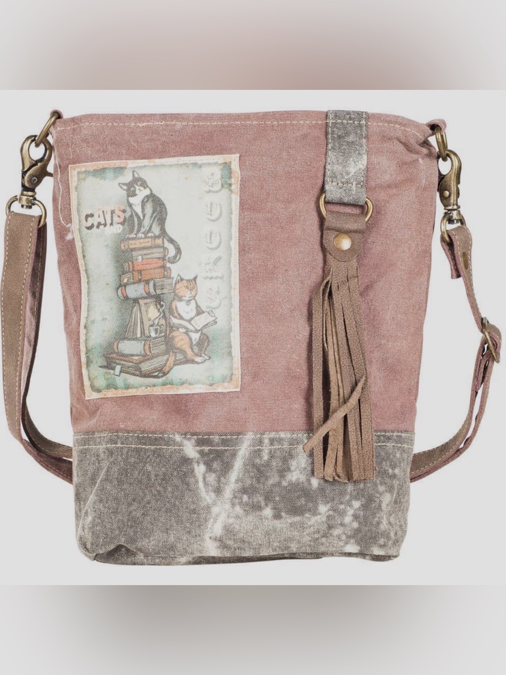 NWT! Clea Ray Cats and Books Recycled Military Canvas Crossbody Bag